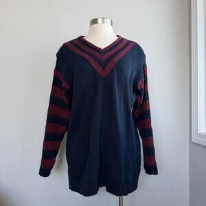 Vintage navy blue and burgundy striped v neck sweater